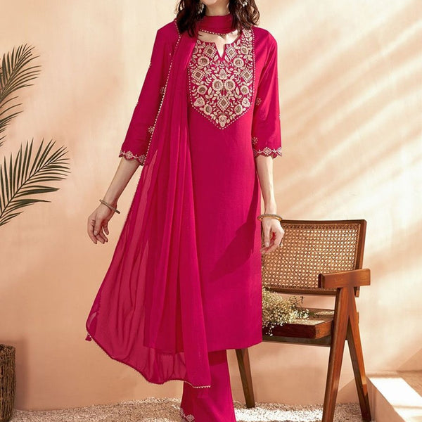 Anouk Pink Floral Yoke Design Thread Work Chanderi Silk Kurta With Trousers & Dupatta - Distacart