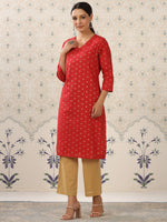 Thumbnail for Ode by House of Pataudi Red & Beige Printed V Neck Pure Cotton Kurta With Palazzos - Distacart