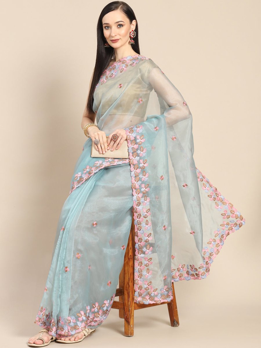 Anouk Blue & Pink Floral Organza Saree - Distacart