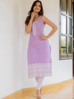 Thumbnail for Anouk Lavender Floral Embroidered Round Neck Sleeveless Thread Work Cotton Straight Kurta