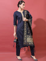 Thumbnail for Vishudh Women Navy Blue Ethnic Motifs Kurta with Trousers & Dupatta
