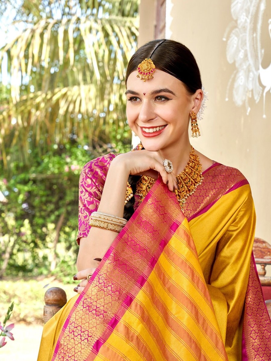 Anouk Yellow & Pink Zari Art Silk Saree - Distacart