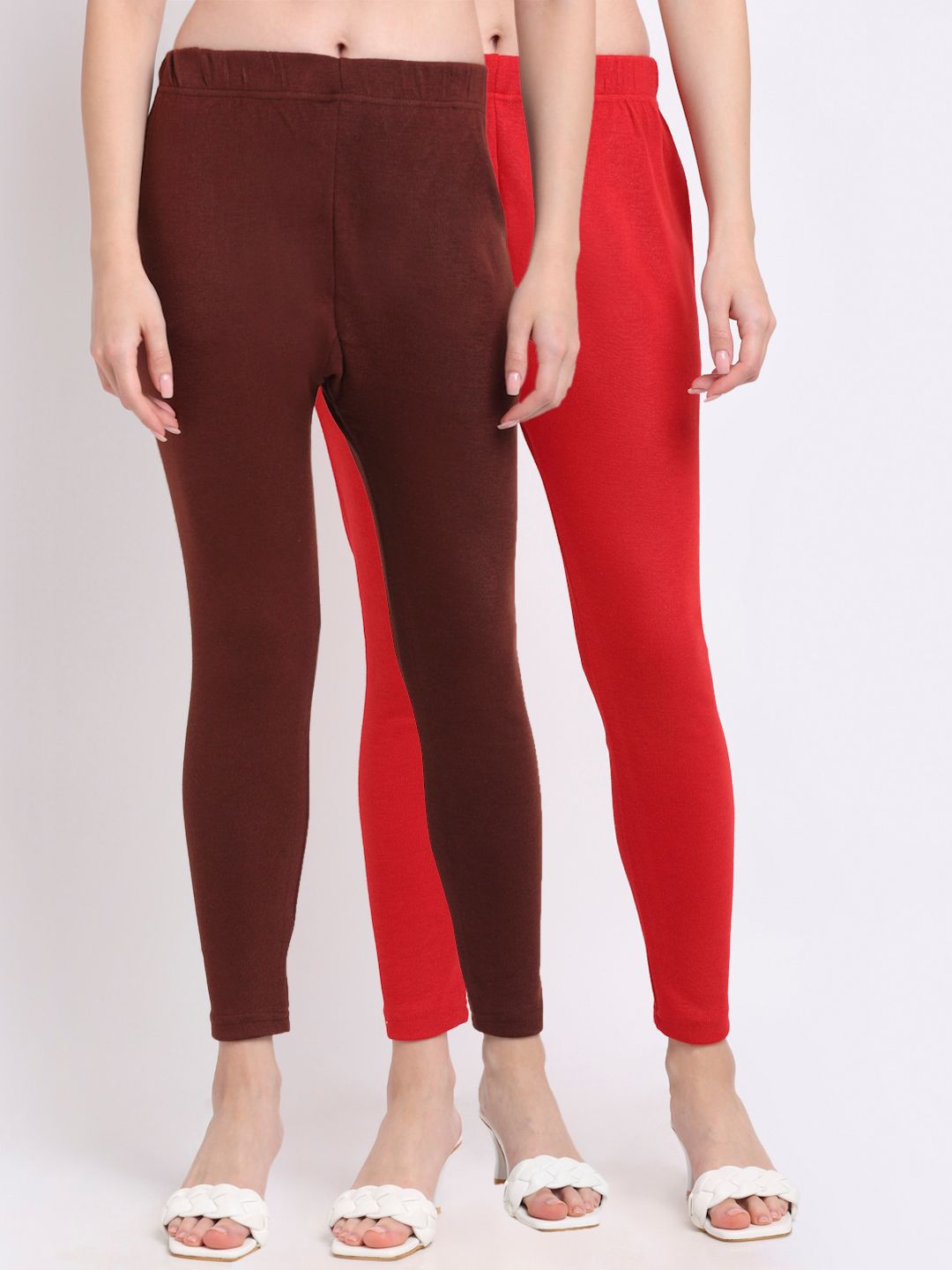 TAG 7 Women Pack Of 2 Red & Burgundy Solid Woolen Ankle Length Leggings - Distacart
