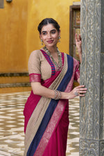 Thumbnail for Vastranavya Pink Printed with Zari Weaving Work Poly Cotton Saree & Unstitched Blouse - Distacart