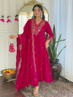 Thumbnail for The52 Rani Women's Beautiful Embroidered Work Vichitra Silk Fabric Straight Kurta Pant and Dupatta Set - Distacart