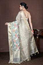 Thumbnail for Morchari Beige Banarasi Tissue Computer Embroidery Saree Unstitched Blouse