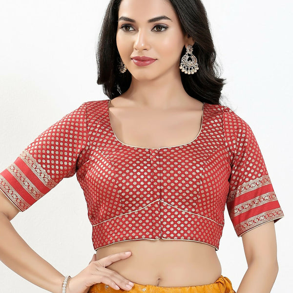 Joban Fashion Maroon Brocade Padded Blouse With Round Neck Elbow Sleeves