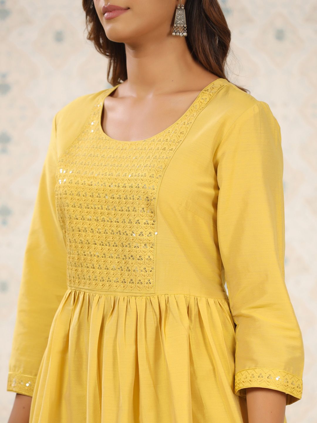 Ode by House of Pataudi Yellow Sequinned Detailed Anarkali Kurta With Trousers - Distacart