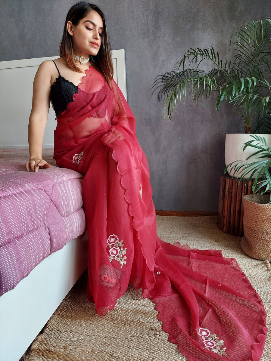 Anouk Red & Black Floral Embroidered Organza Saree - Distacart