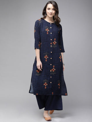 Anouk Women Navy Blue Printed Kurta with Palazzos - Distacart