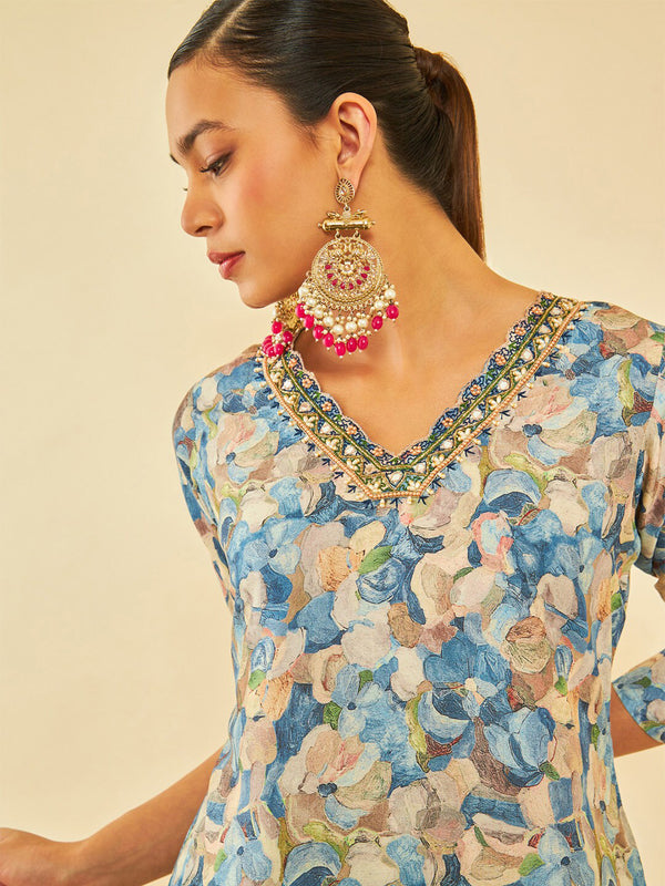 Soch Floral Printed V-Neck Three-Quarter Sleeves Beads and Stones Kurta with Trousers - Distacart