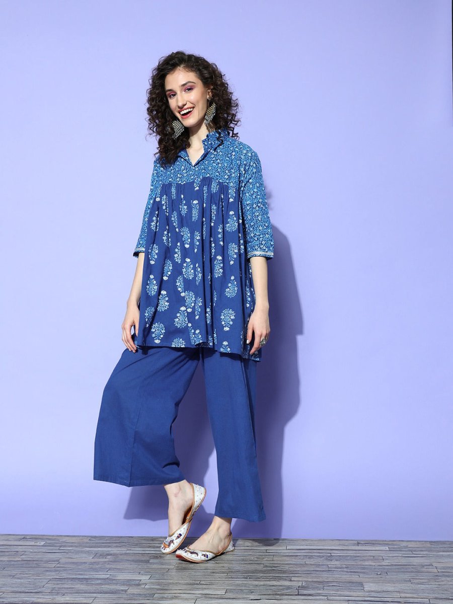 Ahalyaa Blue Pure Cotton Tunic & Palazzos Ethnic Co-Ords - Distacart