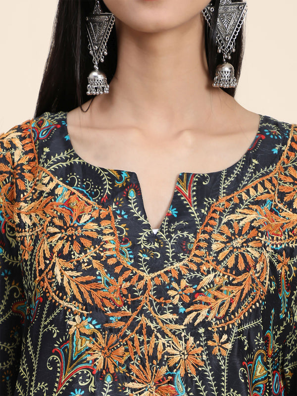 HOUSE OF KARI Ethnic Motifs Printed Chikankari Embroidery Cotton Kaftan Kurta - Distacart