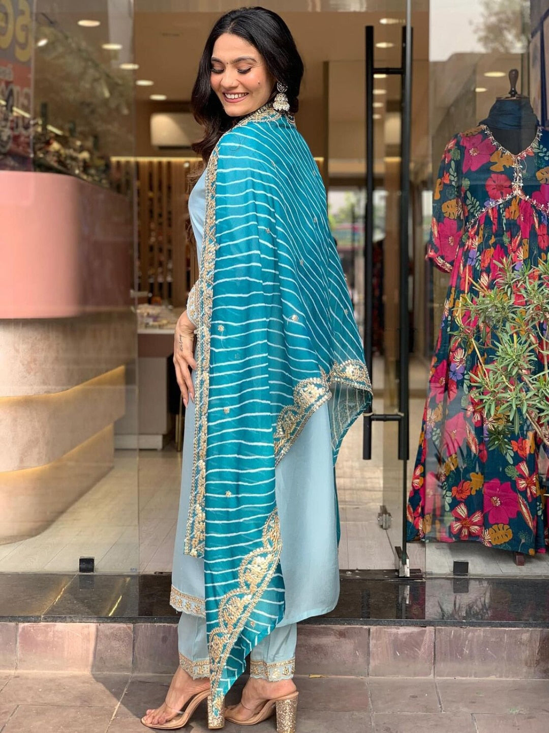 Kalini Floral Yoke Design Kurta With Trousers & Dupatta - Distacart