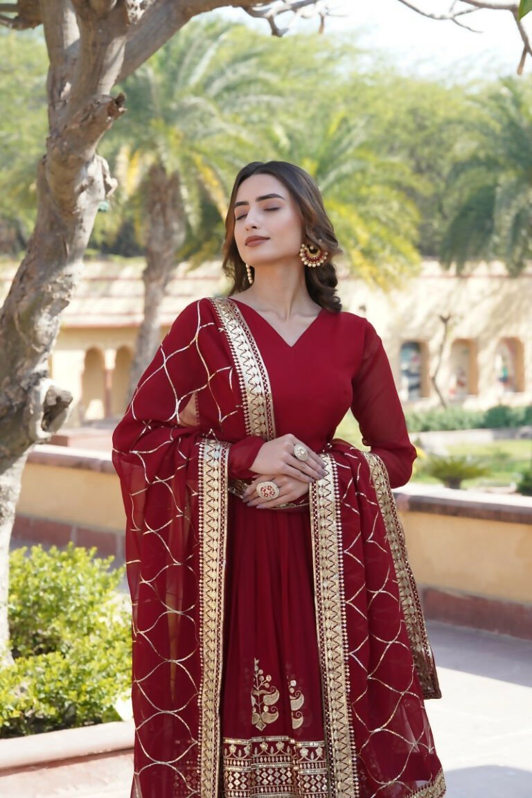 Aastha Fashion Women's Maroon Faux Georgette Sequins Embroidered Anarkali Dress with Dupatta - Distacart