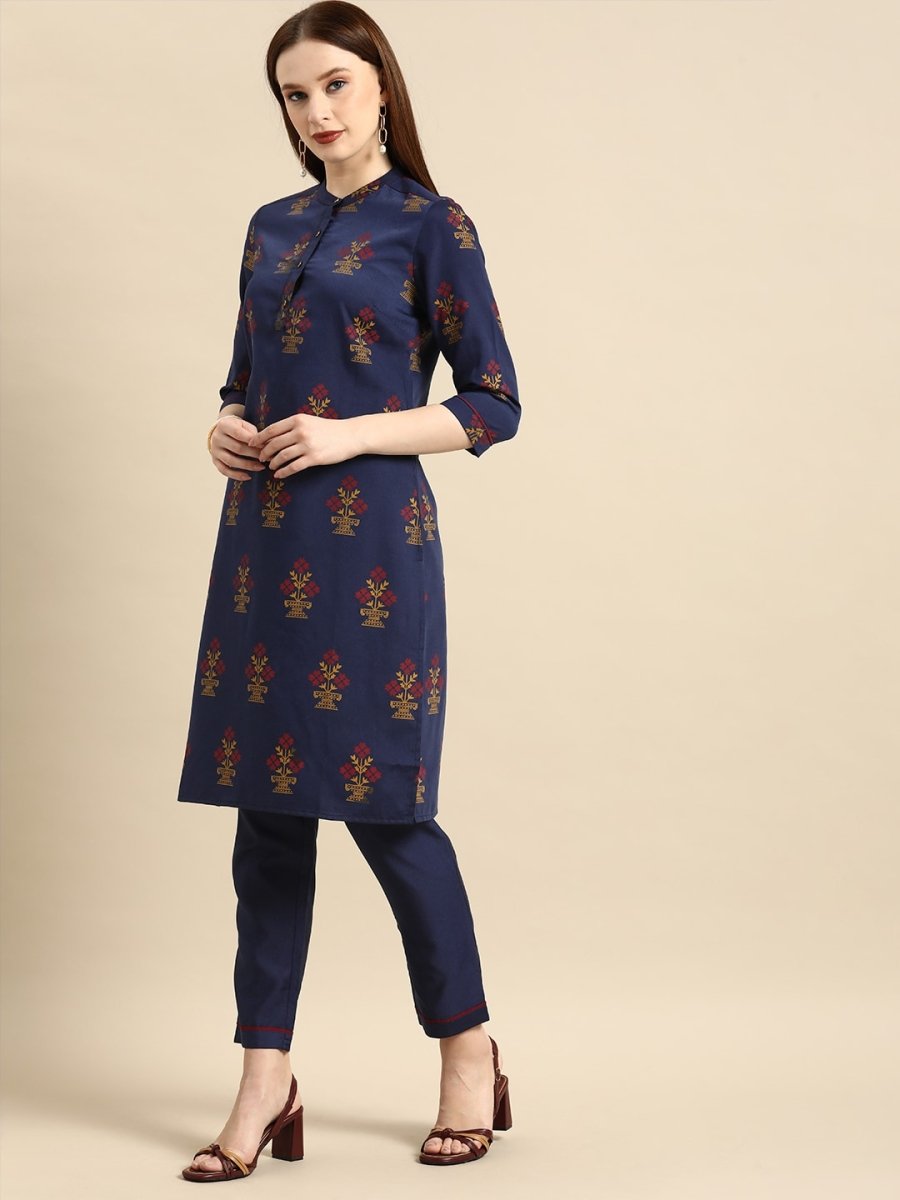 All About You Women Navy Blue Ethnic Motifs Printed Kurta with Trousers & With Dupatta - Distacart