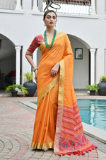 Thumbnail for Vishnu Weaves Women's Mustard Raw Silk Patola Zari Woven Saree with Blouse