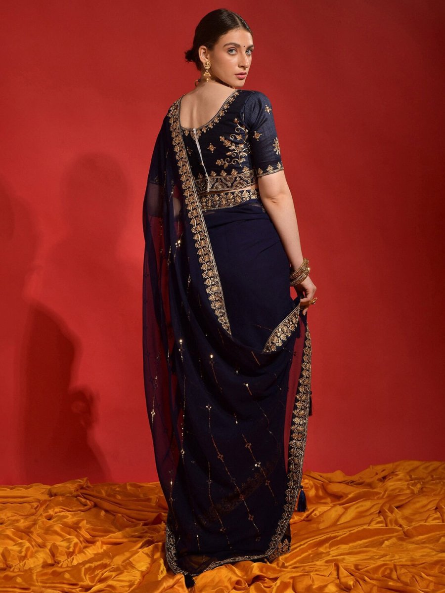 Anouk Navy Blue Embellished Sequinned Pure Georgette Saree - Distacart