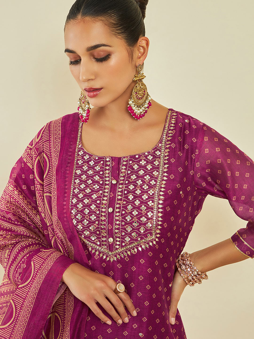 Soch Geometric Printed Thread Work Kurta & Trousers With Dupatta - Distacart