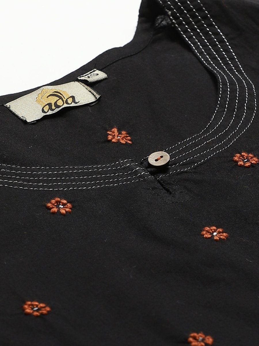 ADA Women Black & Rust Orange Chikankari Embroidered Sustainable Handloom Kurta with Trousers - Distacart