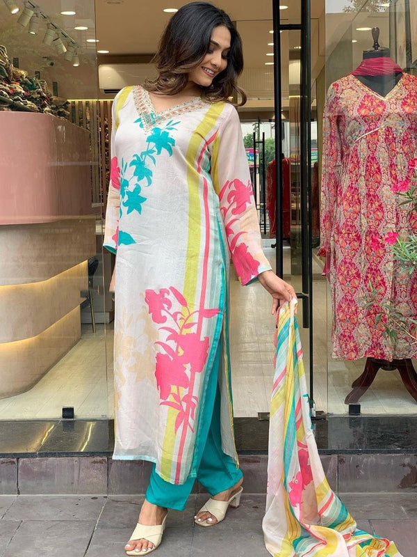 Kalini Floral Printed Thread Work Kurta & Trousers With Dupatta - Distacart