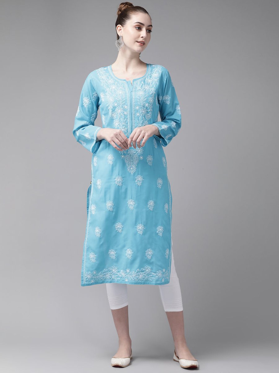 ADA Women Blue & White Pure Cotton Chikankari Embroidered Kurta with Trousers - Distacart