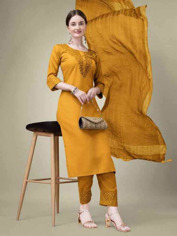 Jyoti Fashion Women's Mustard Cotton Blend Embroidery & Sequence work Kurta with Trouser & Dupatta - Distacart