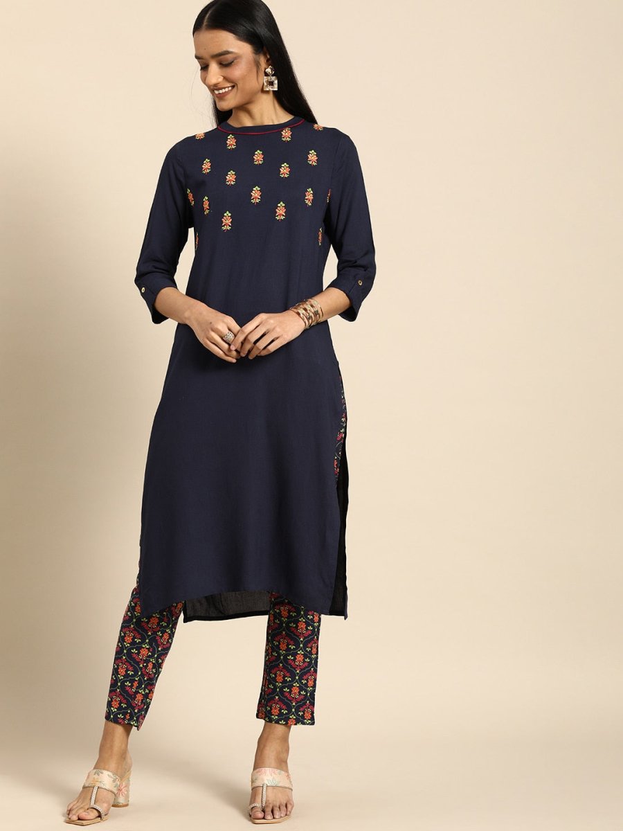 All About You Women Navy Blue Floral Embroidered Regular Thread Work Kurta with Trousers - Distacart
