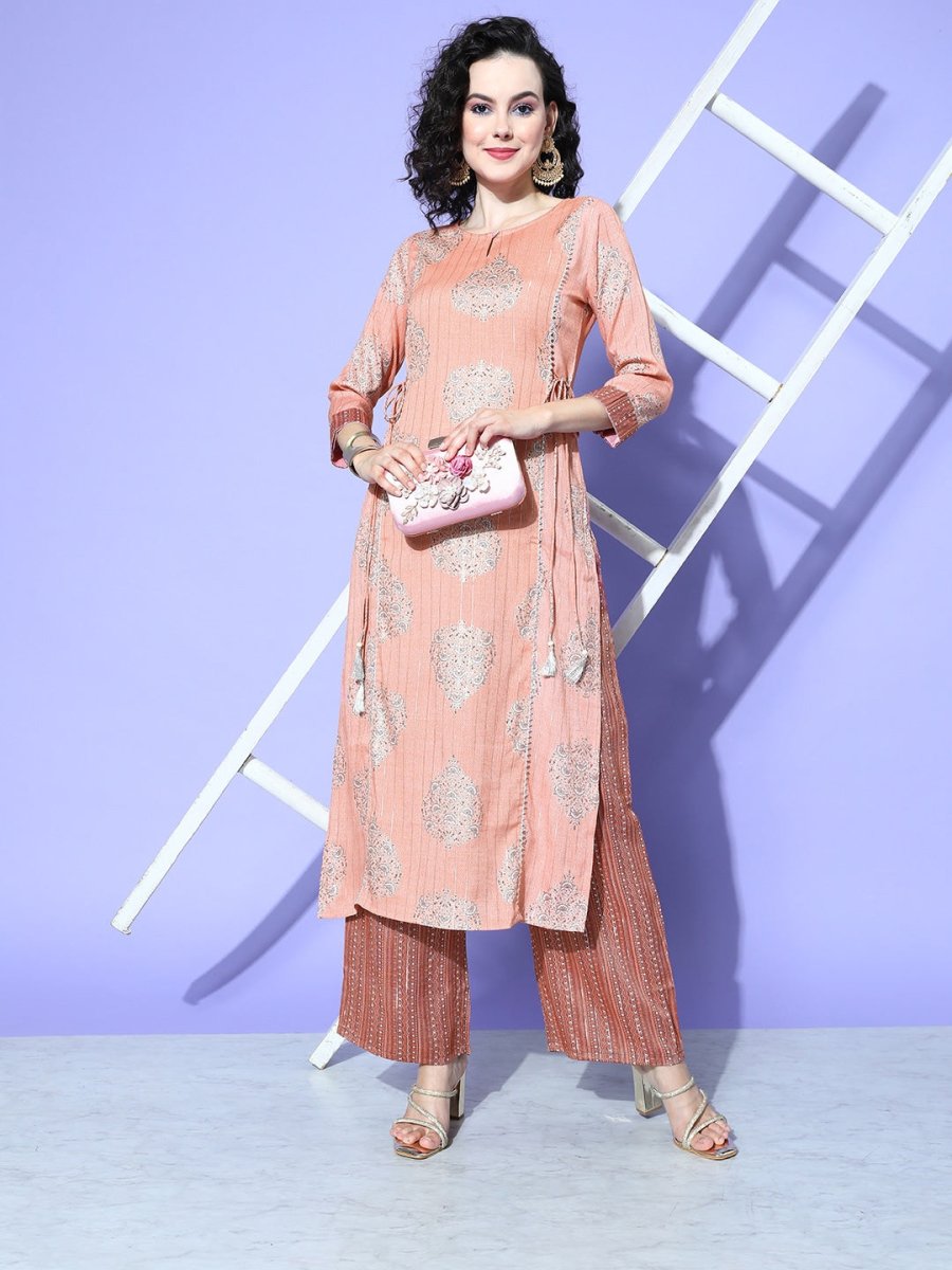 All About You Women Pink Floral Printed Regular Gotta Patti Liva Kurta with Palazzos - Distacart