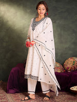 Thumbnail for Indo Era Floral Embroidered Thread Work Pure Cotton Kurta With Trousers & Dupatta