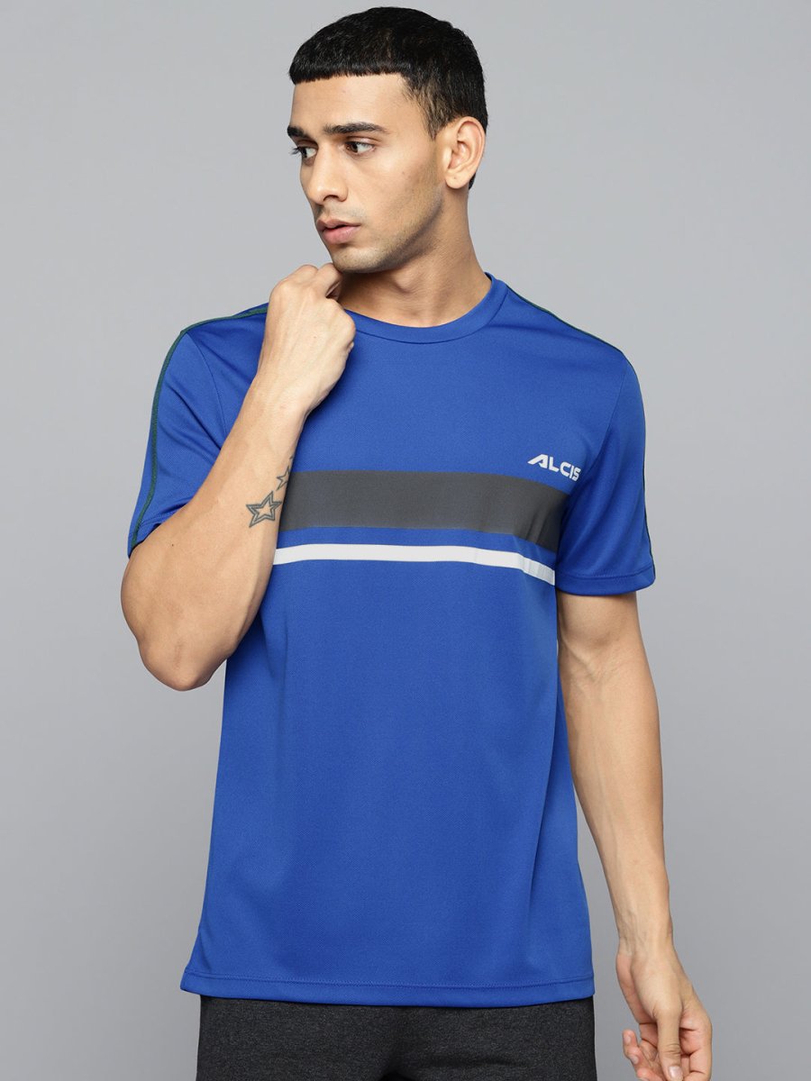 Alcis Men Blue & Black Striped Detail Slim Fit T-shirt - Distacart