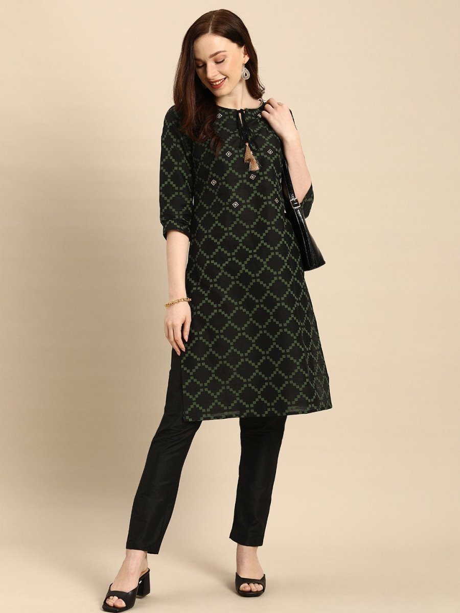 All About You Women Black & Green Printed Kurta with Trousers - Distacart