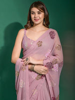 Thumbnail for Anouk Mauve & Gold-Toned Embellished Sequinned Pure Georgette Saree - Distacart