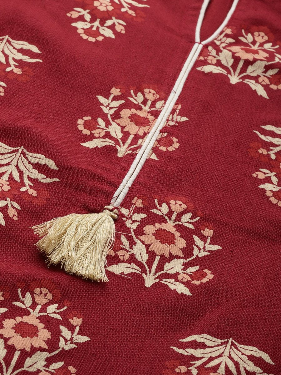 All About You Women Red Floral Printed Pure Cotton Regular Kurta with Trousers - Distacart