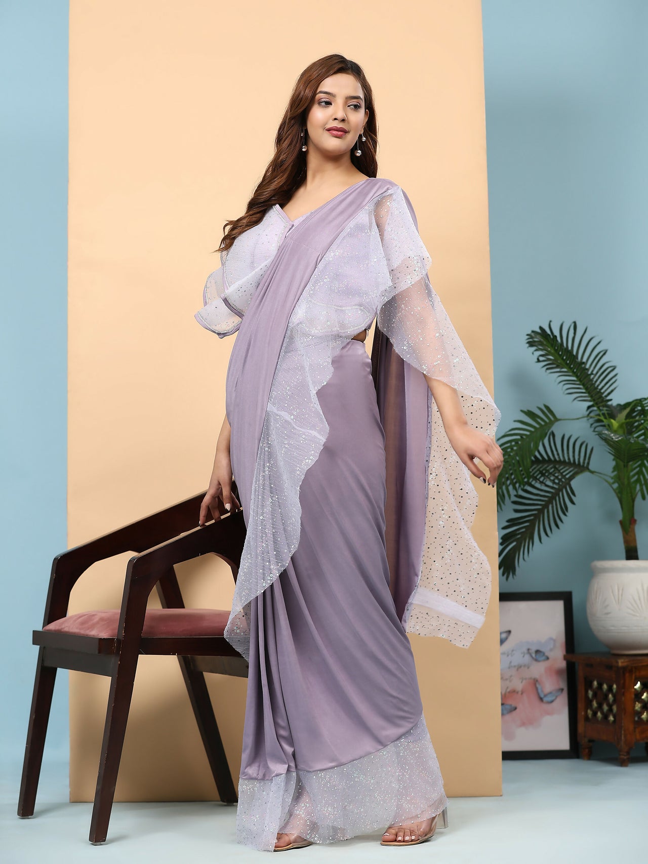 Light Purple Lycra Solid Ready to Wear Saree with stitched Blouse - Nita - Distacart