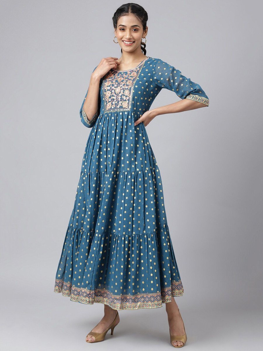 AURELIA Blue Ethnic Motifs Maxi Dress - Distacart