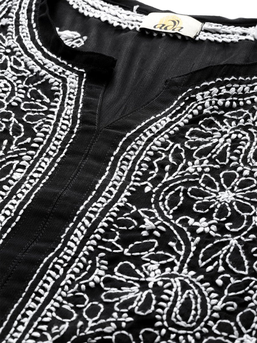 ADA Women Black & White Chikankari Hand Embroidered Semi-Sheer Straight Sustainable Handloom Kurta - Distacart