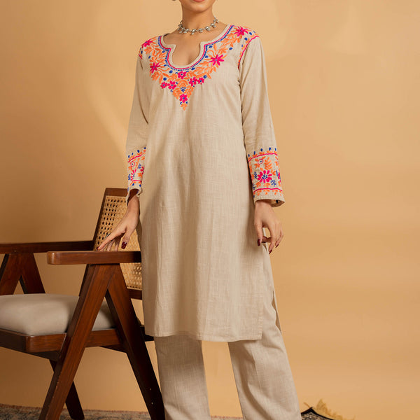 HOUSE OF KARI Floral Embroidered Chikankari Kurta With Palazzo - Distacart