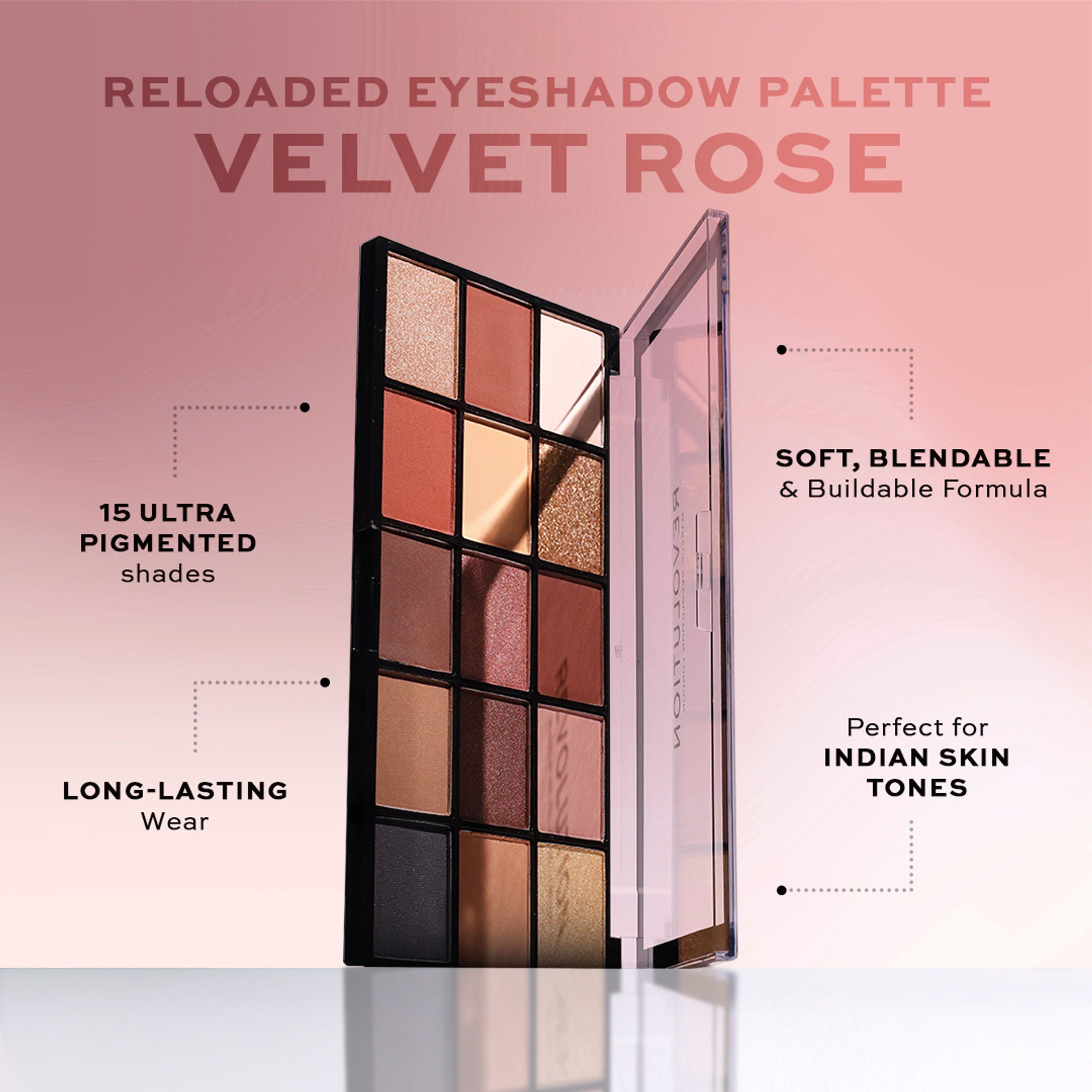 Makeup Revolution Reloaded Eyeshadow Palette-15 Smooth & Rich Shade-High Pay Off Formula - Velvet Rose - Distacart