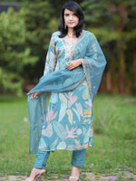 Thumbnail for Kalini Floral Printed Thread Work Detail Straight Kurta & Trousers With Dupatta - Distacart