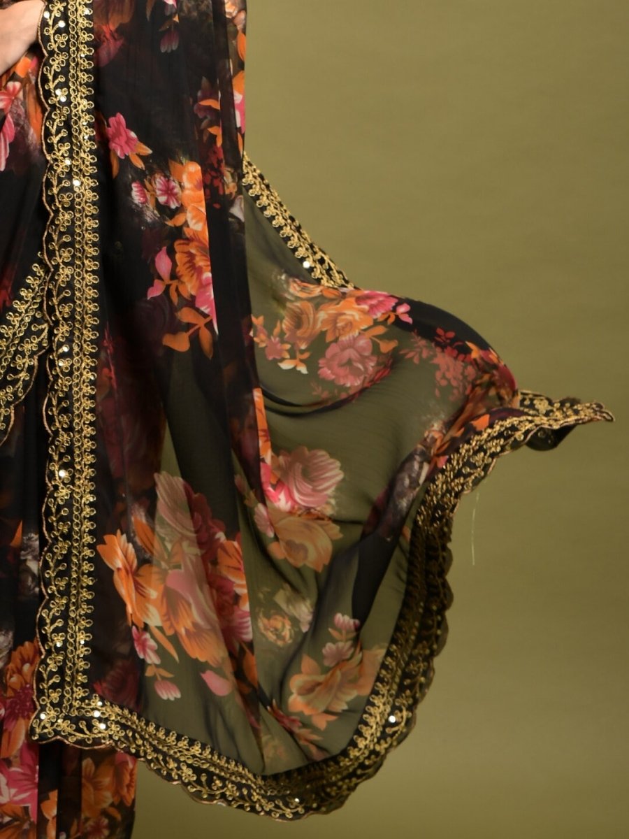 Anouk Black & Orange Floral Printed Embroidered Pure Georgette Saree - Distacart