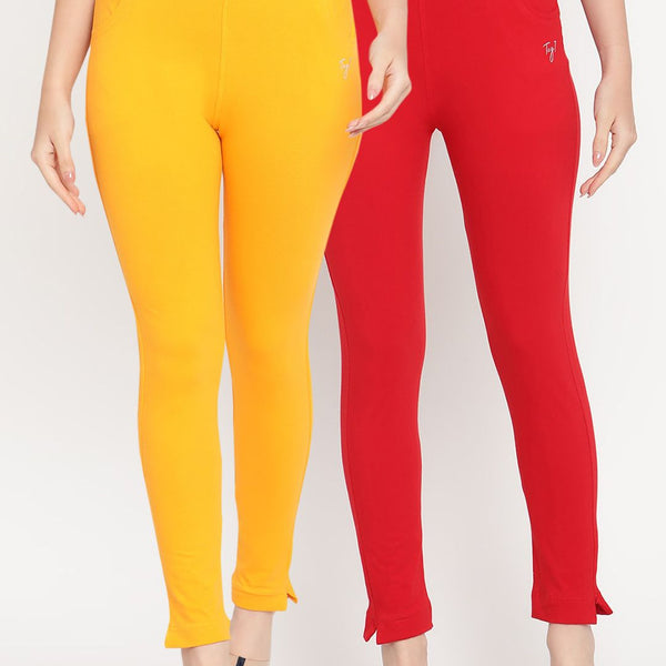 TAG 7 Women Pack of 2 Yellow & Red Solid Kurti Pants - Distacart