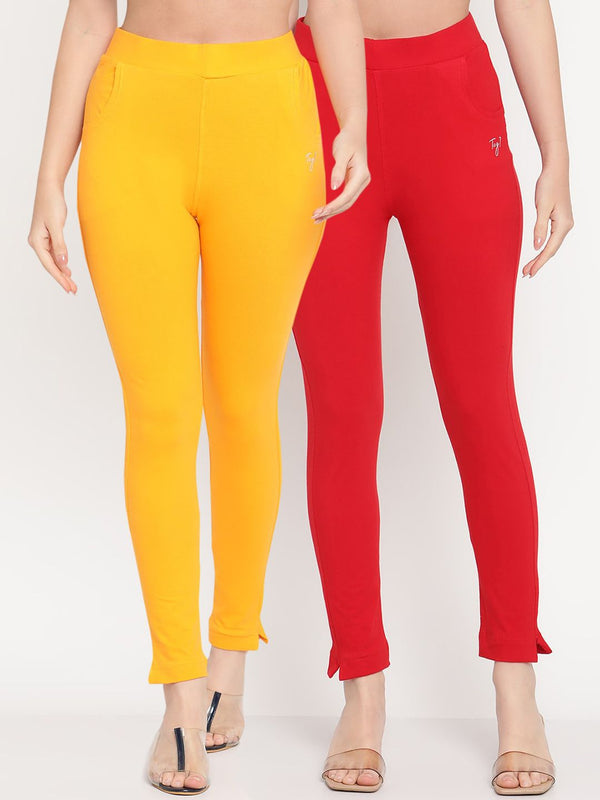 TAG 7 Women Pack of 2 Yellow & Red Solid Kurti Pants - Distacart