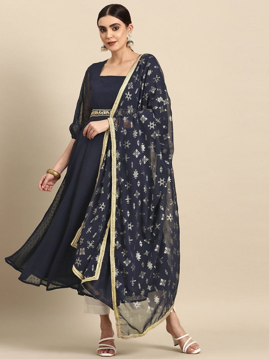 All About You Square Neck Dobby Weave A-Line Kurta With Dupatta - Distacart