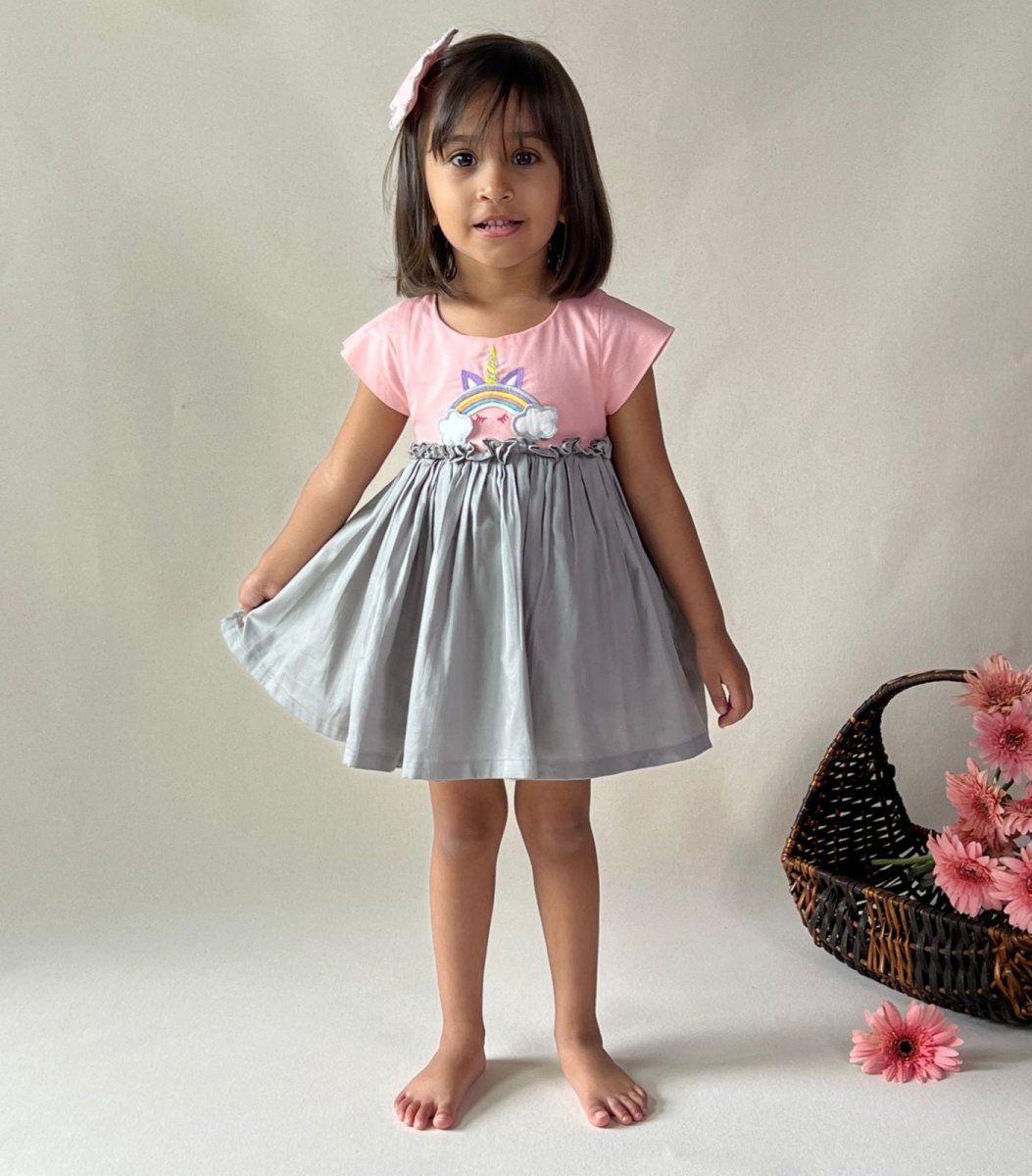 ArthLife Peach And Grey Unicorn Embroidered Dress - Distacart