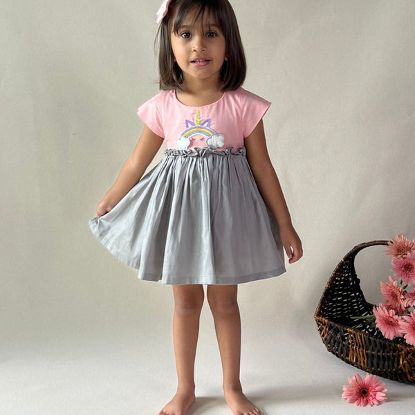 ArthLife Peach And Grey Unicorn Embroidered Dress - Distacart