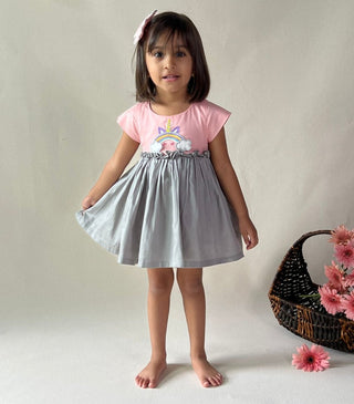 ArthLife Peach And Grey Unicorn Embroidered Dress - Distacart
