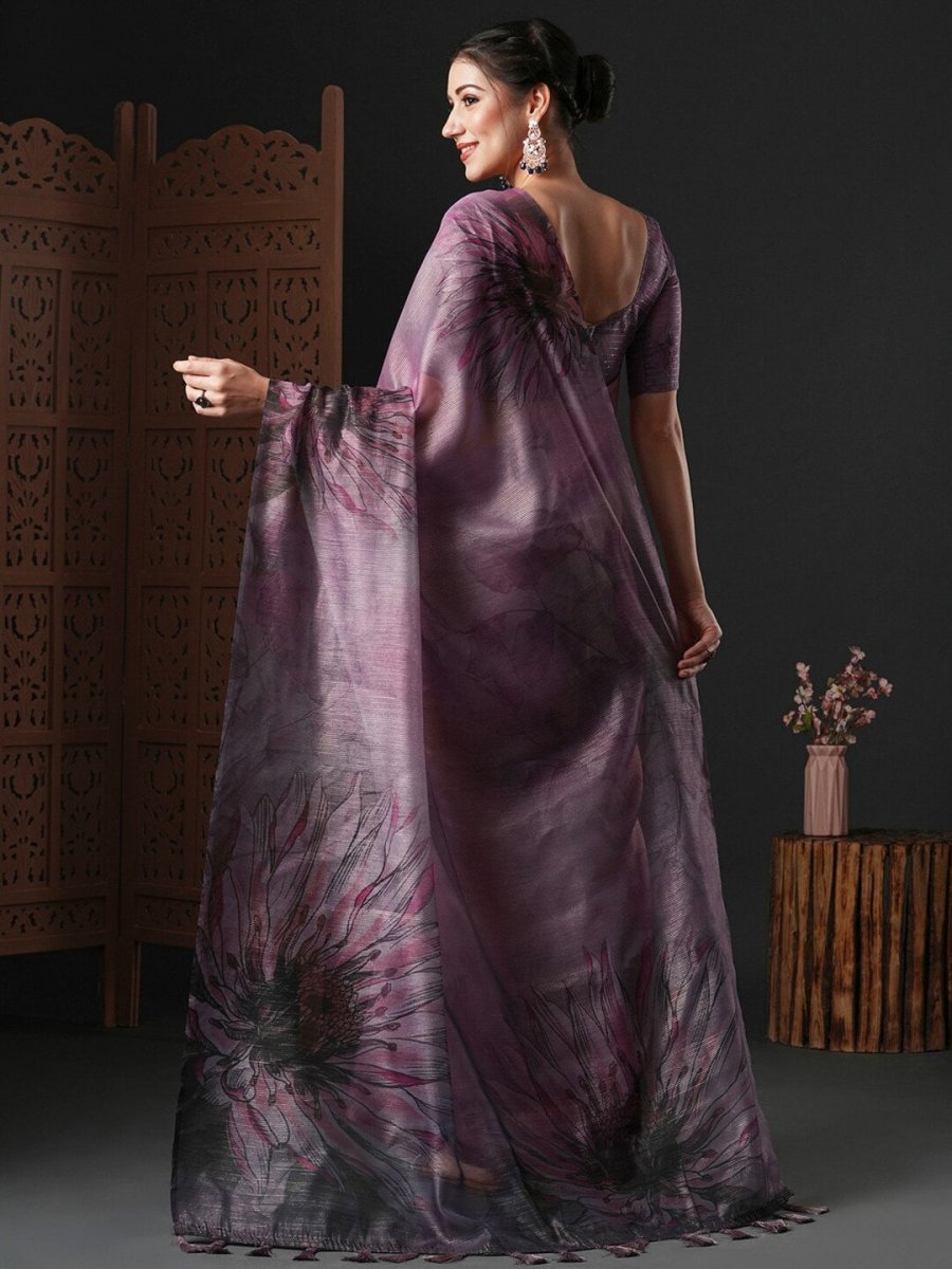 Anouk Mauve & Green Floral Printed Organza Saree - Distacart