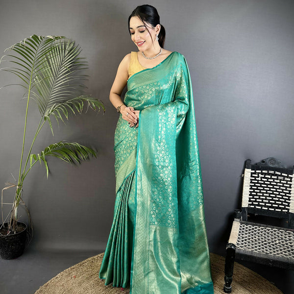 Joban Fashion Rama Green Floral & Paisley Motifs Soft Satin Silk Banarasi Saree - Distacart