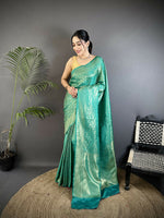 Thumbnail for Joban Fashion Rama Green Floral & Paisley Motifs Soft Satin Silk Banarasi Saree - Distacart